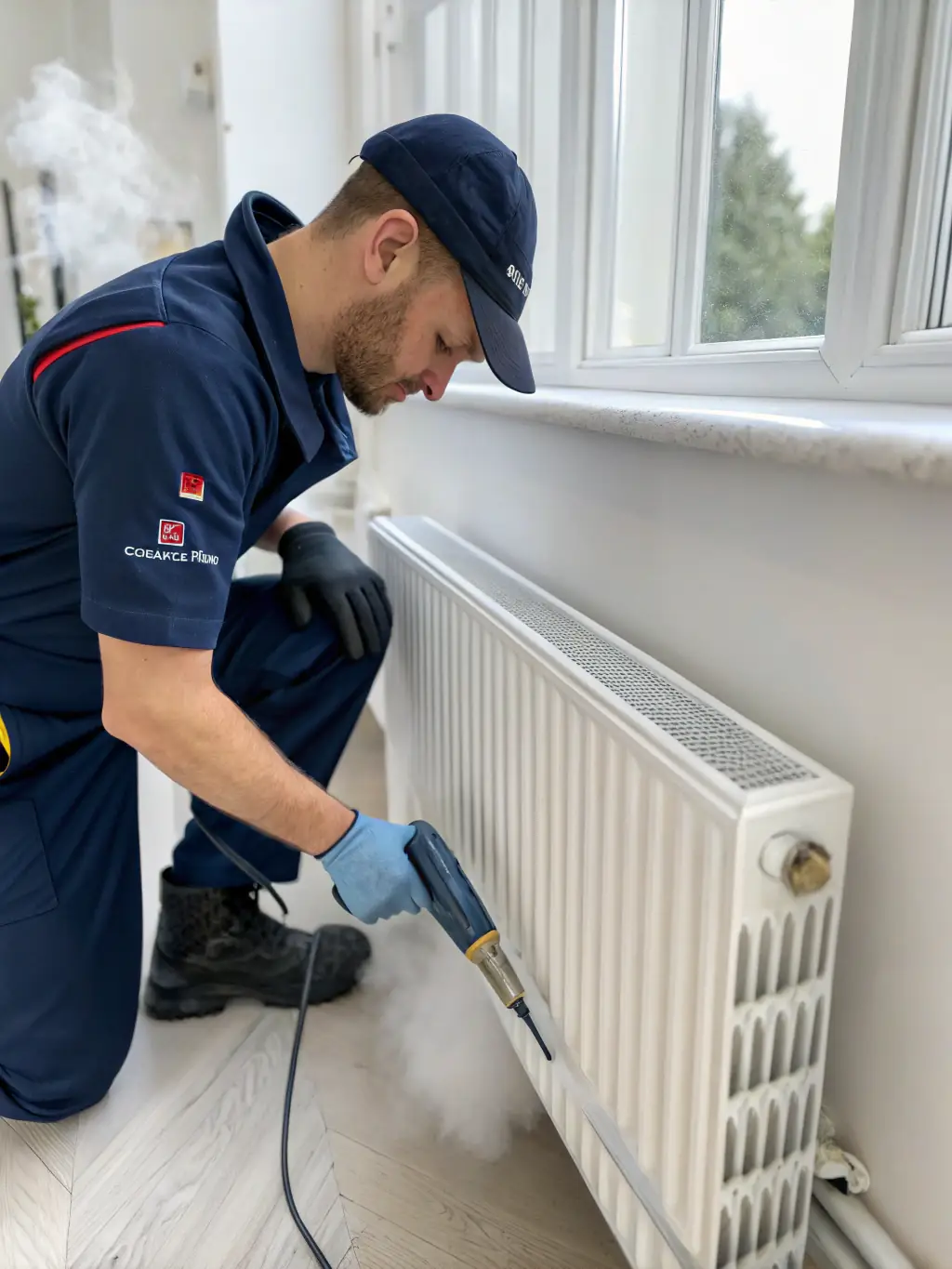 A plumber installing a new tankless water heater in a bathroom closet, showcasing PrimeFlow Plumbing's water heater services.