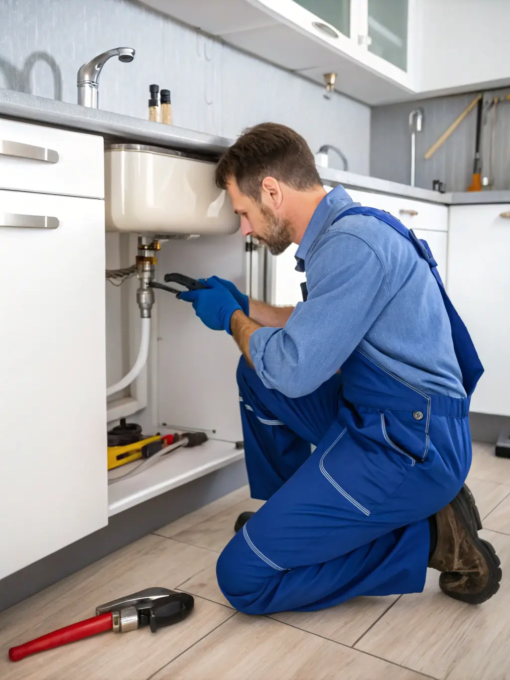 A licensed plumber fixing a burst pipe under a kitchen sink during an emergency call, showcasing PrimeFlow Plumbing's emergency plumbing repair service.