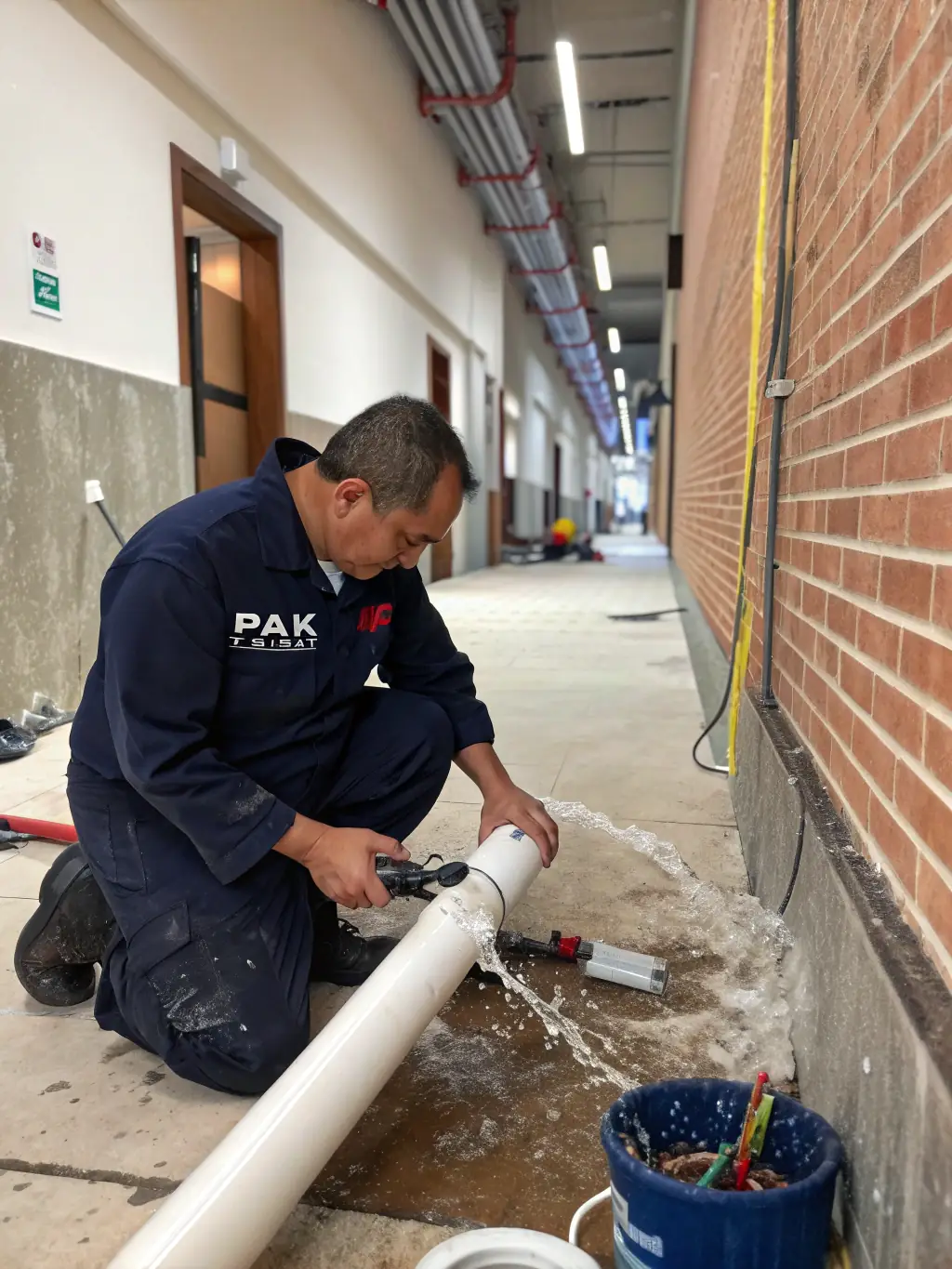 A plumber installing new water pipes in a commercial building basement, highlighting PrimeFlow Plumbing's pipe installation expertise.