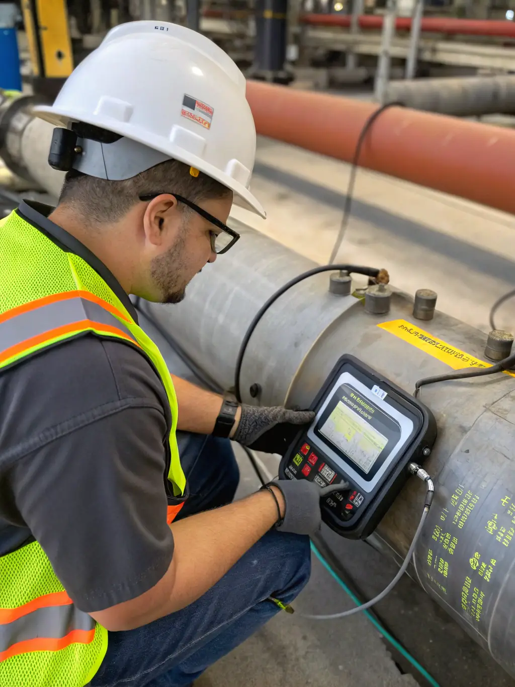 A technician using electronic leak detection equipment in a residential basement, demonstrating PrimeFlow Plumbing's advanced leak detection capabilities.