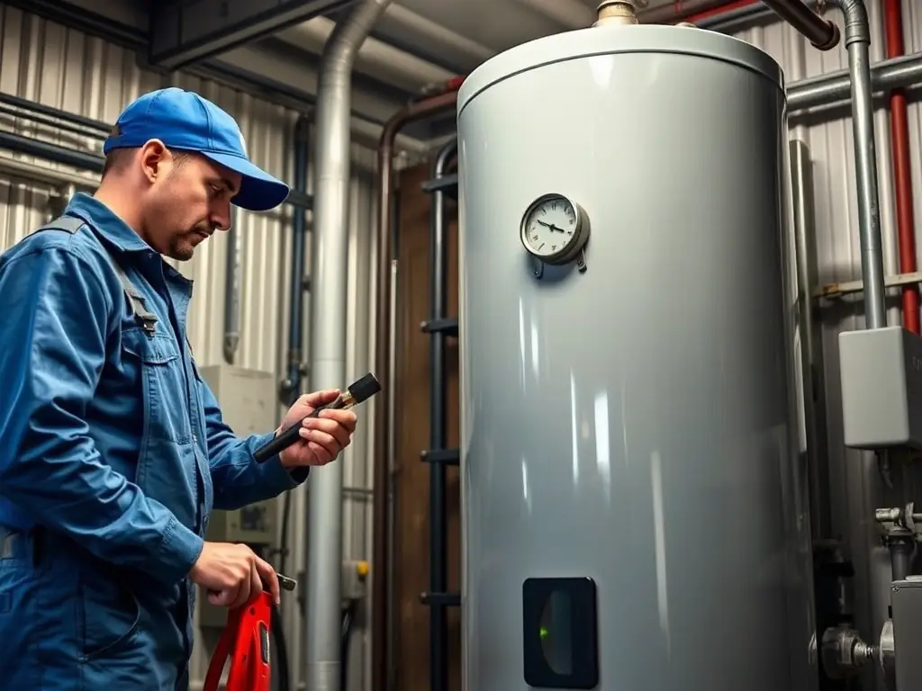 A plumber repairing a water heater, demonstrating water heater services.