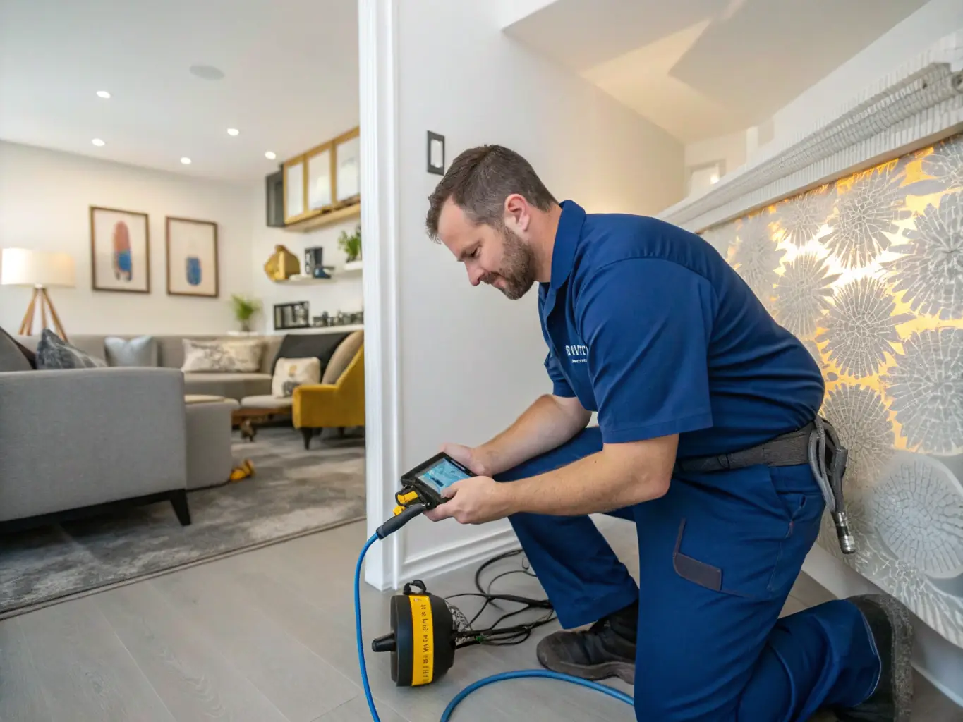 A plumber using electronic equipment to detect a leak behind a wall, highlighting leak detection services.